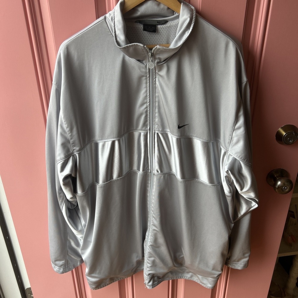 Men's Nike XL Silver Grey Swoosh Full Zip Pockets Athletic Track Jacket EUC